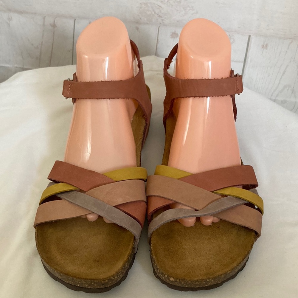 BIO-GOLD Size 9 Cork Wedge Strappy Sandals Hook & Loop Closure